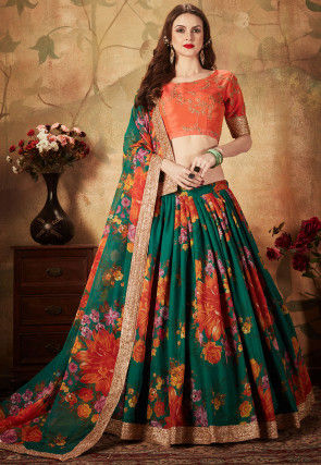 Printed Organza Lehenga in Dark Green