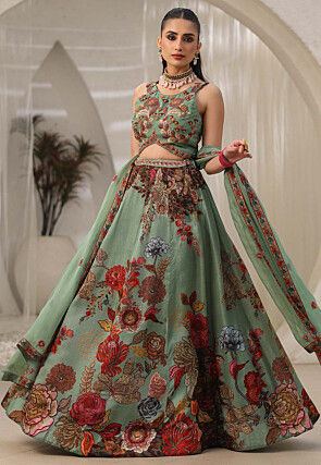 Buy Green Blouse- Net And Taffeta Embroidery Mirror Avni Tiered Lehenga Set  For Women by Smriti by Anju Agarwal Online at Aza Fashions.