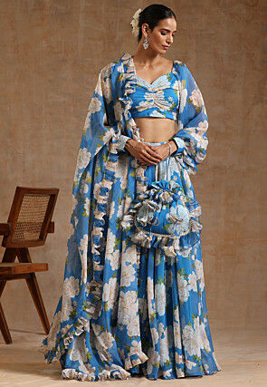 Printed Organza Lehenga in Light Blue