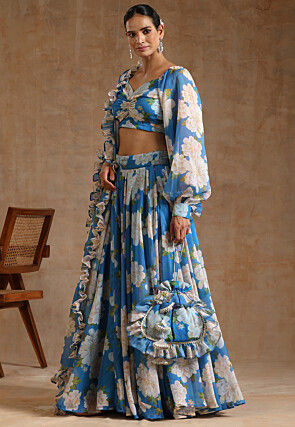 Printed Organza Lehenga in Light Blue