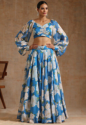 Printed Organza Lehenga in Light Blue