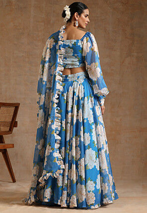 Printed Organza Lehenga in Light Blue