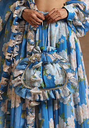 Printed Organza Lehenga in Light Blue