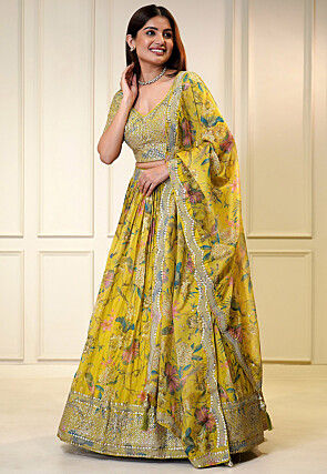 Printed Organza Lehenga in Yellow