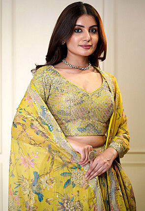 Printed Organza Lehenga in Yellow