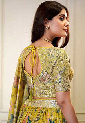 Printed Organza Lehenga in Yellow