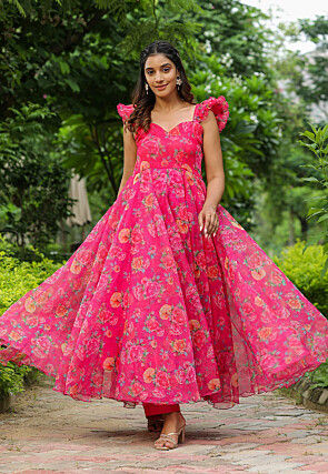 Printed Organza Maxi Dress in Fuchsia