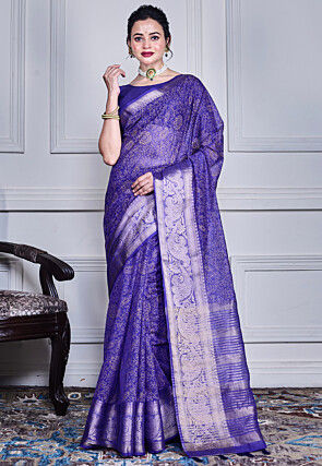 Printed Organza Saree in Dark Blue