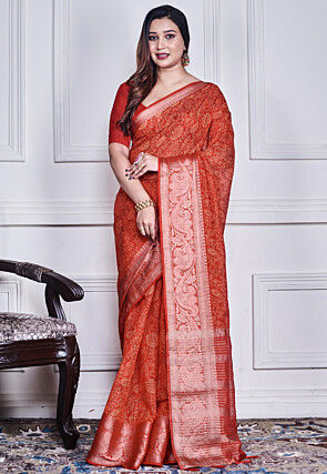Printed Organza Saree in Red