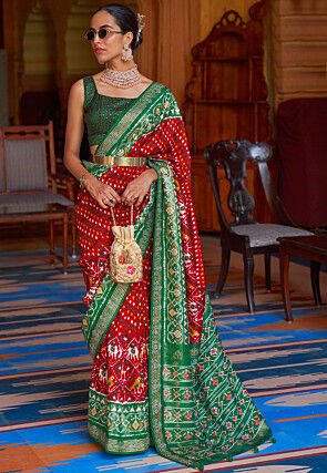 Printed Patola Art Silk Saree in Red and Green