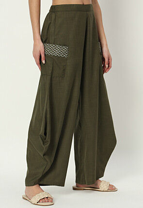 Printed Pockets Pure Cotton Cowl Pant in Dark Olive Green