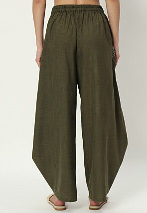 Printed Pockets Pure Cotton Cowl Pant in Dark Olive Green