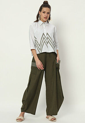 Printed Pockets Pure Cotton Cowl Pant in Dark Olive Green