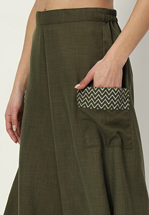 Printed Pockets Pure Cotton Cowl Pant in Dark Olive Green