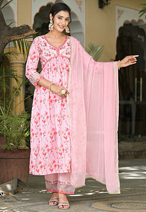 Printed  Cotton Pakistani Suit in Baby Pink