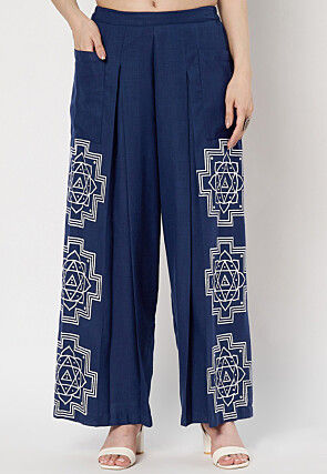 Printed Cotton Pallazo in Navy Blue