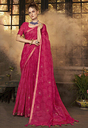 Printed Poly Cotton Saree in Pink
