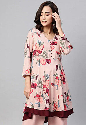 Printed Polyester A Line Tunic in Light Peach