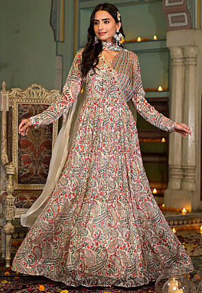 Printed Polyester Abaya Style Suit in Light Beige