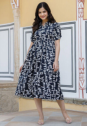 Printed Polyester Aline Dress in Navy Blue