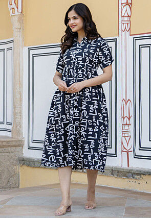 Printed Polyester Aline Dress in Navy Blue