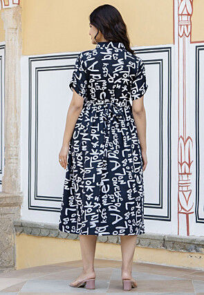 Printed Polyester Aline Dress in Navy Blue