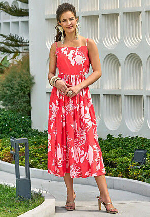 Printed Polyester Dress in Coral Red