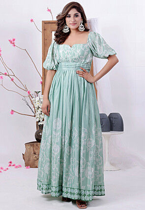 Printed Polyester Maxi Dress in Sea Green