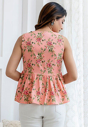 Printed Polyester Peplum Top in Peach