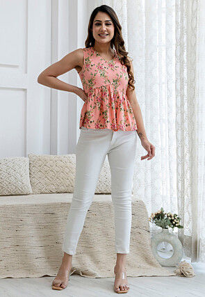 Printed Polyester Peplum Top in Peach