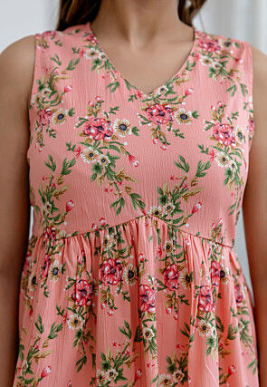 Printed Polyester Peplum Top in Peach