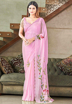 Printed Chiffon Brasso Saree in Pink