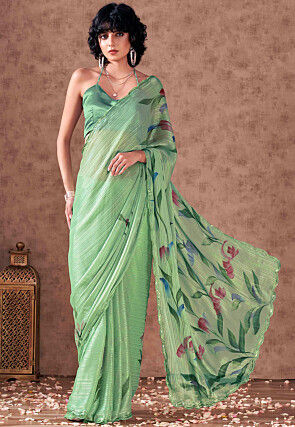 Printed Polyester Scalloped Saree in Light Green