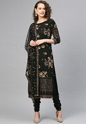 Printed Polyester Straight Suit in Black