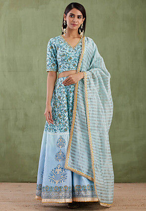 Printed Pure Chanderi Cotton Lehenga in Light Blue