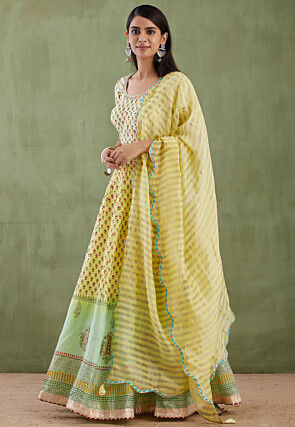 Printed Pure Chanderi Cotton Lehenga in Light Yellow and Light Green