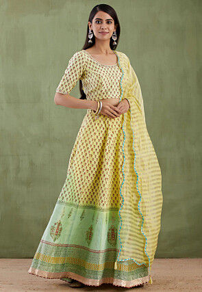 Printed Pure Chanderi Cotton Lehenga in Light Yellow and Light Green