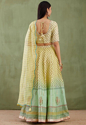 Printed Pure Chanderi Cotton Lehenga in Light Yellow and Light Green