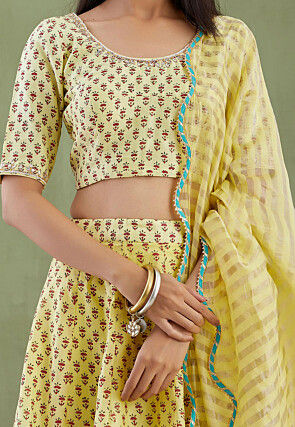 Printed Pure Chanderi Cotton Lehenga in Light Yellow and Light Green