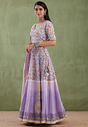 Printed Pure Chanderi Cotton Lehenga in Ombre Lilac
