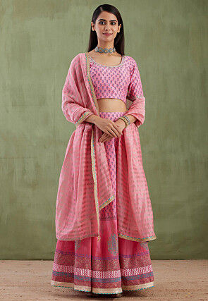 Printed Pure Chanderi Cotton Lehenga in Ombre Pink