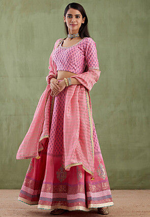 Printed Pure Chanderi Cotton Lehenga in Ombre Pink
