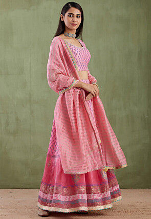 Printed Pure Chanderi Cotton Lehenga in Ombre Pink