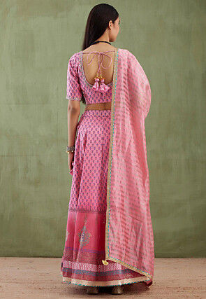 Printed Pure Chanderi Cotton Lehenga in Ombre Pink