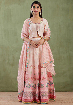 Printed Pure Chanderi Cotton Lehenga in Ombre Pink
