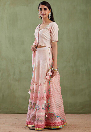 Printed Pure Chanderi Cotton Lehenga in Ombre Pink