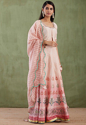 Printed Pure Chanderi Cotton Lehenga in Ombre Pink