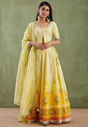 Printed Pure Chanderi Cotton Lehenga in Ombre Yellow