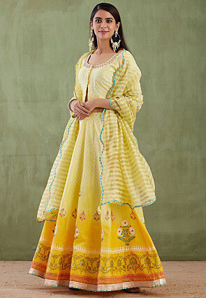 Printed Pure Chanderi Cotton Lehenga in Ombre Yellow