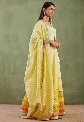 Printed Pure Chanderi Cotton Lehenga in Ombre Yellow